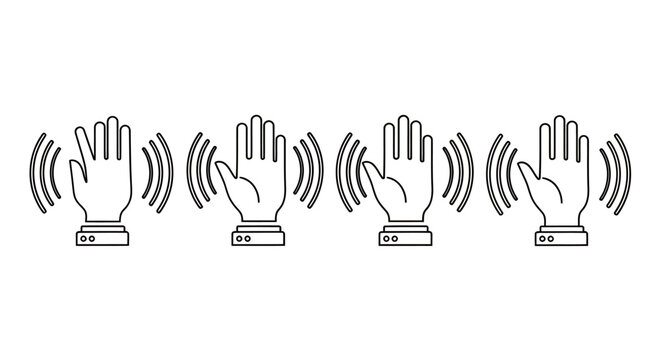 Four illustrated hands clapping in sequence with motion lines and simple icons.