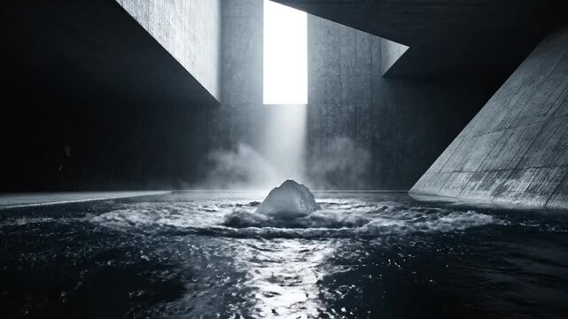 Mysterious floating rock in dark abstract concrete room with water