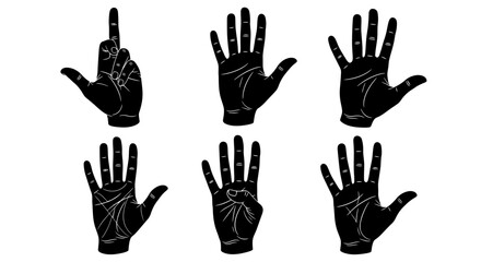 Fototapeta premium Collection of black hand silhouettes arranged in a scattered cluster.