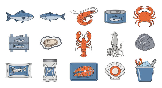 Collection of various seafood and aquatic animals, including fish, crustaceans, shellfish, and processed fish products
