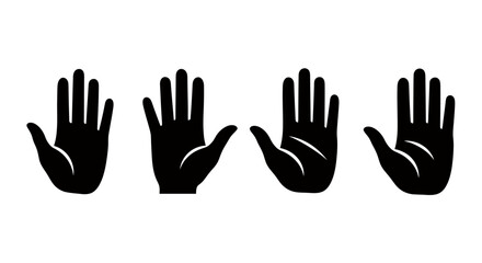Fototapeta premium Four raised hand silhouettes arranged in a row against a white background.