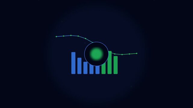Abstract futuristic financial data visualization with glowing circular element and bar graph on dark background