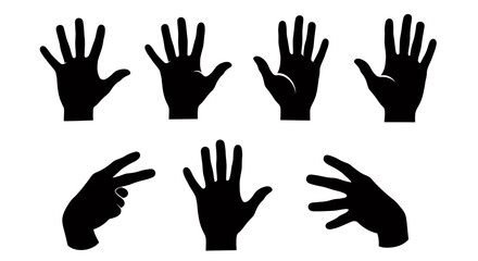 Fototapeta premium Silhouetted collection of eight varied hand gestures and poses against a stark white background.
