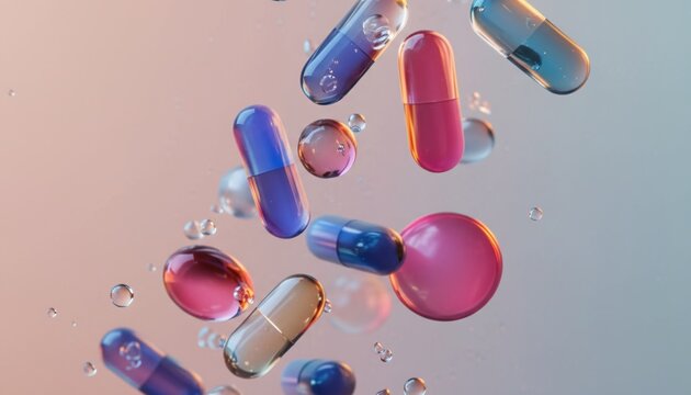 A colorful assortment of floating pills and capsules in various shades of pink, blue, and purple against a soft gradient background.