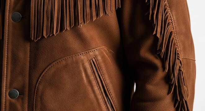 Close-up of brown leather jacket with fringe details