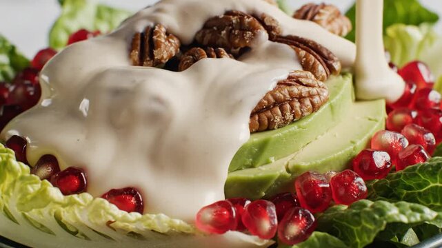 Pecan nuts and avocado slices with pomegranate seeds in salad