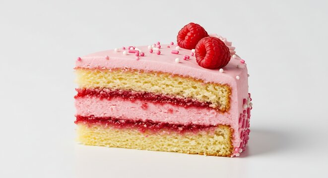 明るい光が照らす白い背景で輝くピンクのラズベリークリームケーキ一切れふわふわスポンジに甘酸っぱいベリージャムと濃厚クリームが美しく重なりトップには新鮮なラズベリーとカラフルなスプリンクルが飾られ見るからに美味しそうなデザート
