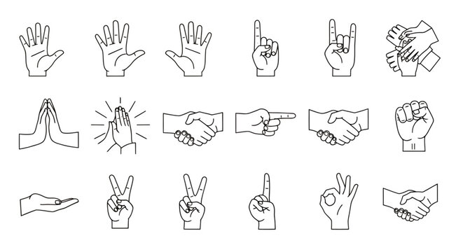 Set of hand gesture line drawings showing various signs and poses for illustration and design.