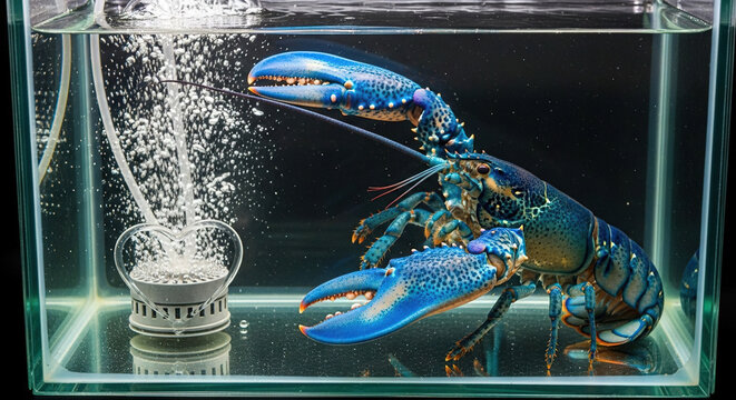 Blue spiny lobster in an aquarium with aeration