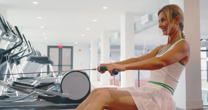 Woman Exercising on Rowing Machine in Modern Gym