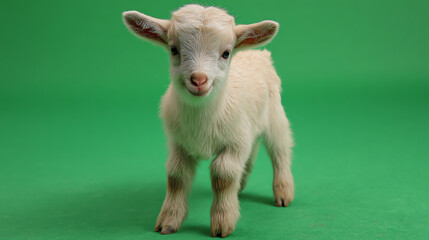 Fototapeta premium A playful young goat stands against a vibrant green backdrop, showcasing its adorable features and curious expression.