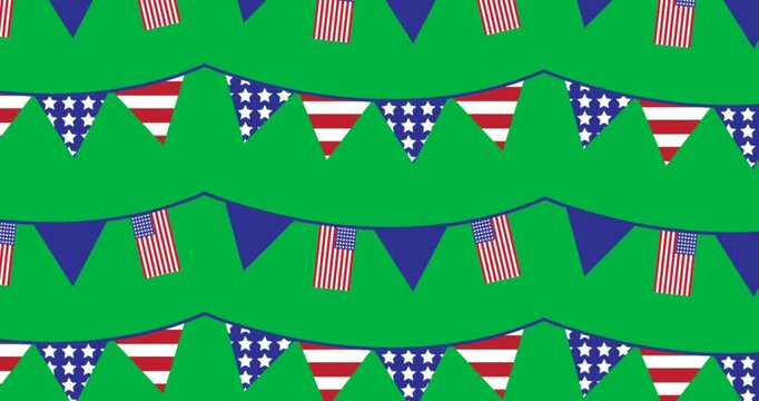 Digital animation of american flag design over bunting flags decoration against black background