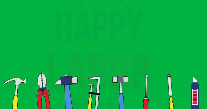 Digital animation of multiple tools over labor day text on round banner against back background