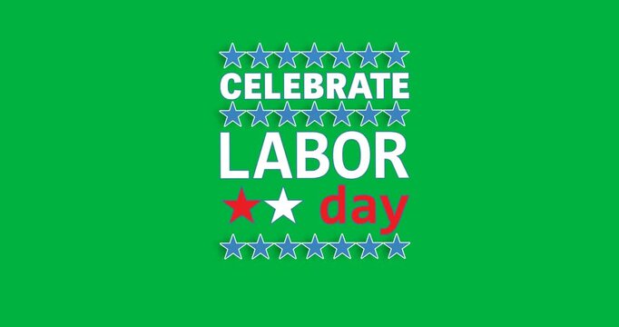 Digital animation of happy labor day text and stars icons against black background