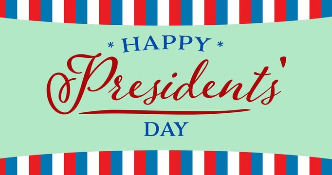 Happy presidents day text on grey banner against red and blue stripes on white background