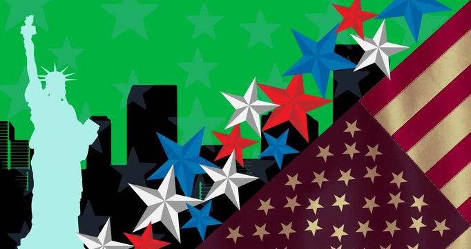 American flags and stars design against silhouette of statue of liberty against black background