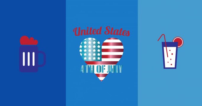 Happy independence day text banner over beer and lemonade icons against blue background