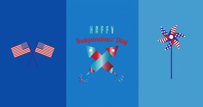 Happy independence day text banner over wind fan and american flag icons against blue background