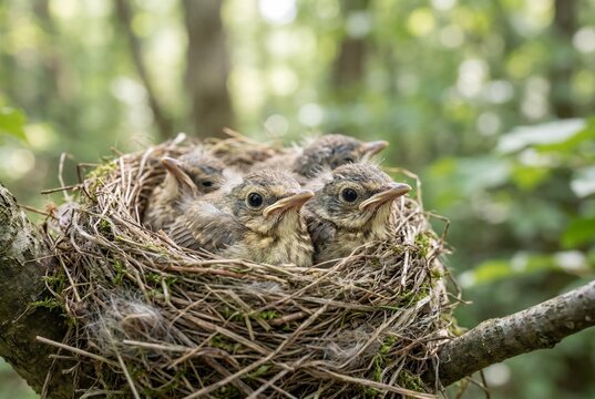 Baby birds huddling in a nest on a tree branch in a green forest, cute hatchlings in natural habitat, wildlife photography of young chicks in spring, bird nest with fledglings in the wild