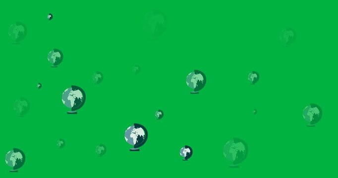 Digital animation of multiple globe icons against black background
