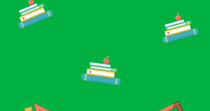 Digital animation of geometry equipment and stack of books icons falling against black background
