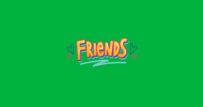 Digitally animation of friends text banner and heart icons against black background
