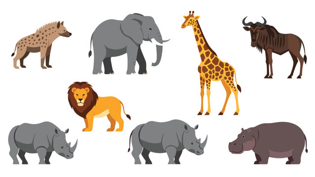 Collection of various African safari animals including elephant giraffe lion rhino hippo and hyena vector illustration.