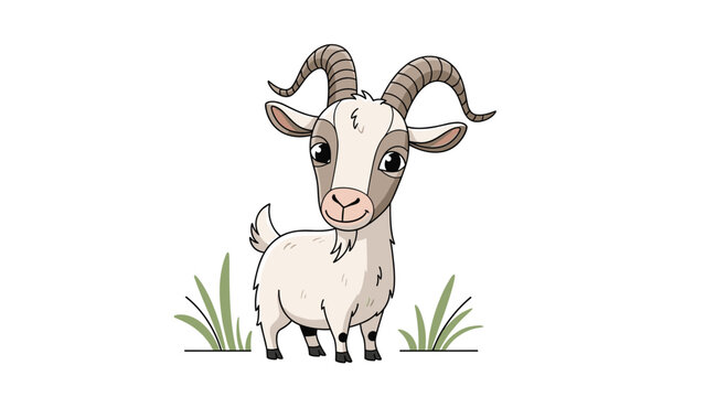Cute white goat with large curved horns standing in a field with patches of green grass in a clean vector illustration.