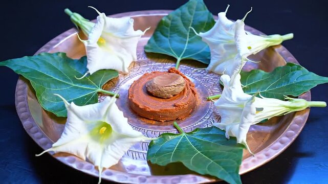 Top Down View of Sacred Bilva Leaves, White Datura Flowers and Sandalwood Paste on Copper Plate for Pradosh Vrat Puja Ritual to Lord Shiva