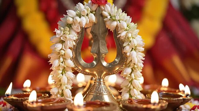 Lord Shiva's Sacred Brass Trishula Trident Adorned with White Jasmine Flower Garland and Lit Clay Oil Lamps for Maha Shivratri Festival Puja