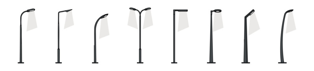 Side View Modern Street Light Vector Set, Side Elevation Urban Lamp Post Collection for Architectural Site Plans, Outdoor Lighting Design, Flat Minimal Style © MkJutt