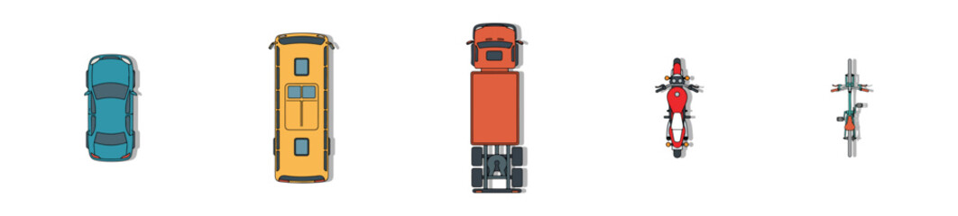 Top View Diverse Vehicles Vector Set, Overhead Perspective Car, Bus, Truck, and Cyclists for Architectural Site Plans, Urban Traffic Design, Flat Minimal Style © MkJutt