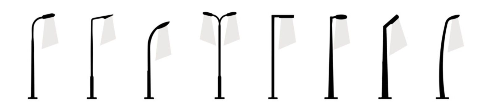 Side View Modern Street Light Silhouette Vector Set, Side Elevation Solid Black Lamp Post Shapes for Architectural Site Analysis and Urban Lighting Design