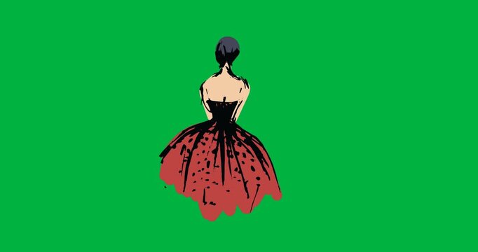 Digital animation of fashion model sketch icon against black background