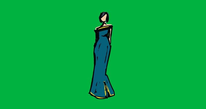 Digital animation of fashion model sketch icon against black background