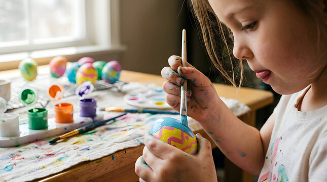 Child painting Easter eggs with colorful paint