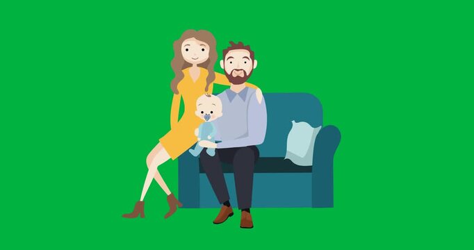 Digital animation of family sitting on a couch icon against black background