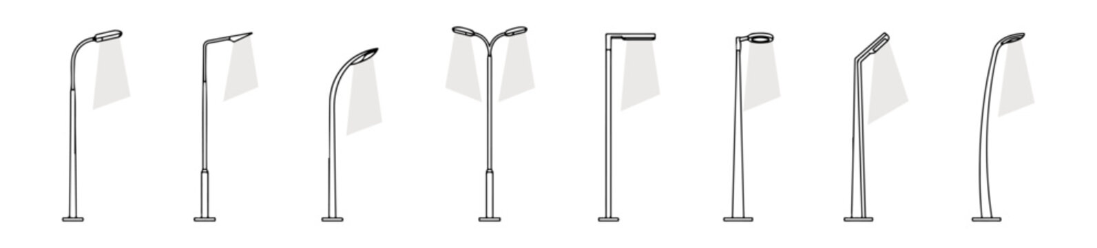 Side View Modern Street Light Vector Set, Side Elevation Minimalist Lamp Post Outlines with White Fill for Architectural Plans and Landscape Lighting Design