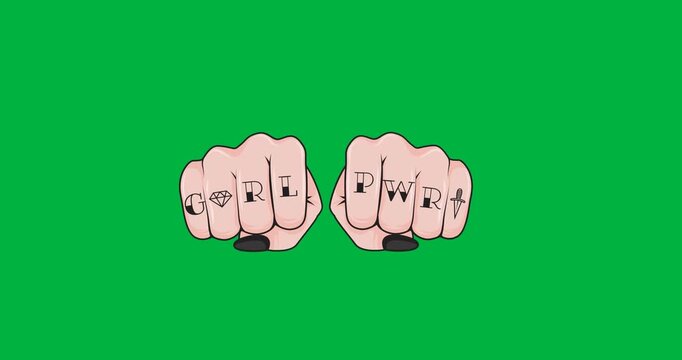 Digital animation of woman fists with girl power text icon against black background
