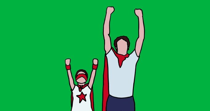Digital animation of father and son in superhero costume against black background