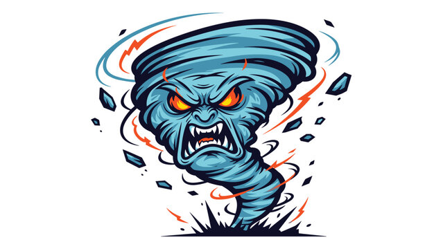 Ferocious tornado monster with a terrifying face and glowing orange eyes swirls violently, representing destructive storms.