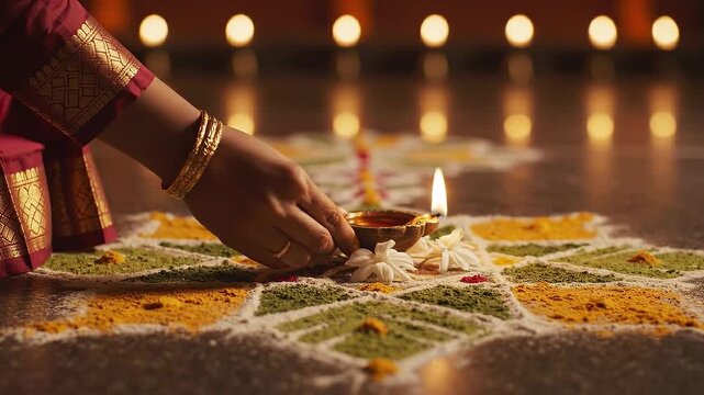Close up of a hand in traditional South Indian attire placing a lit oil lamp on a colorful geometric Kolam pattern during Masik Karthigai festival.