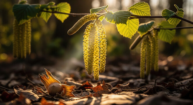 Close-up of catkin flowers on a forest branch