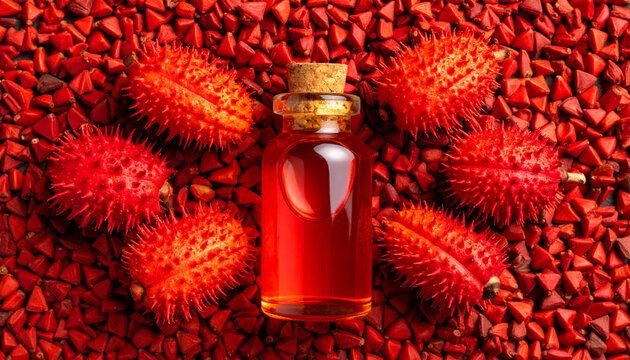 Selection of annatto seeds and oil placed in a circular pattern on a red surface in a kitchen setting under bright light