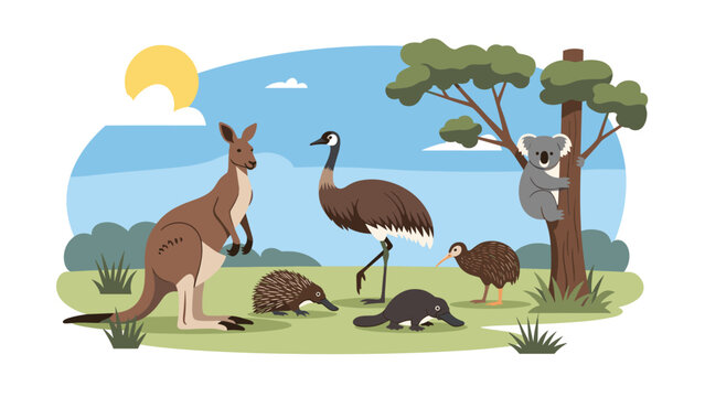Diverse collection of iconic australian wildlife including a kangaroo emu koala echidna and platypus in a natural outdoor landscape.