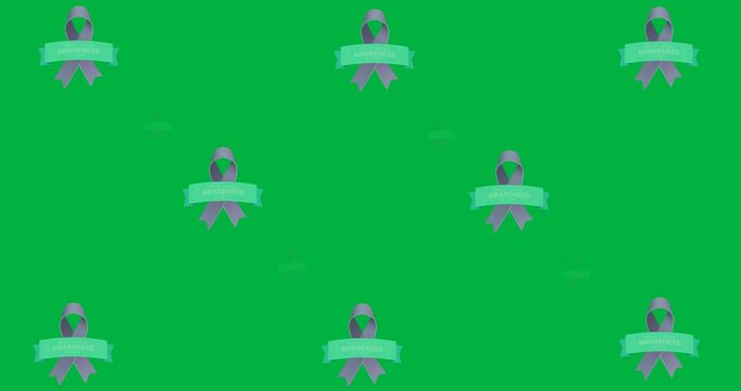 Multiple breast cancer awareness text banners over purple ribbon icons against black background