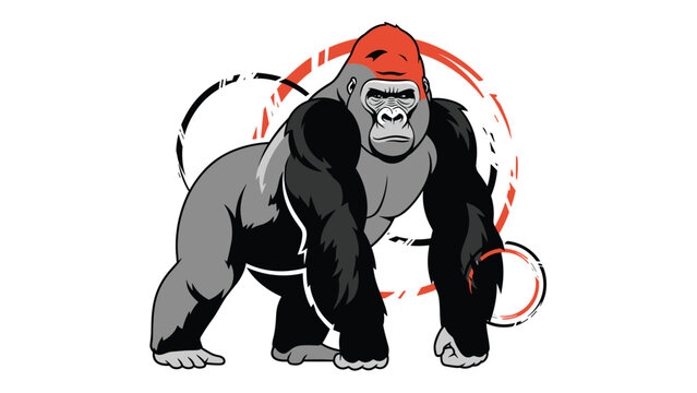 Powerful and majestic gorilla with a grey and black coat stands in a strong pose against a background of circular red brush strokes.