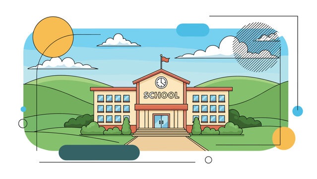 Classic red brick school building with a clock tower and a flag stands in a beautiful green landscape under a blue sky with clouds.