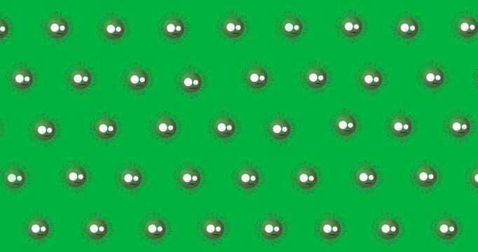 Digital animation of multiple green covid-19 cell icons in seamless pattern on black background
