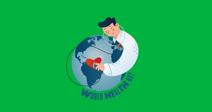 Digital animation of world health day text with male doctor examining globe against black background